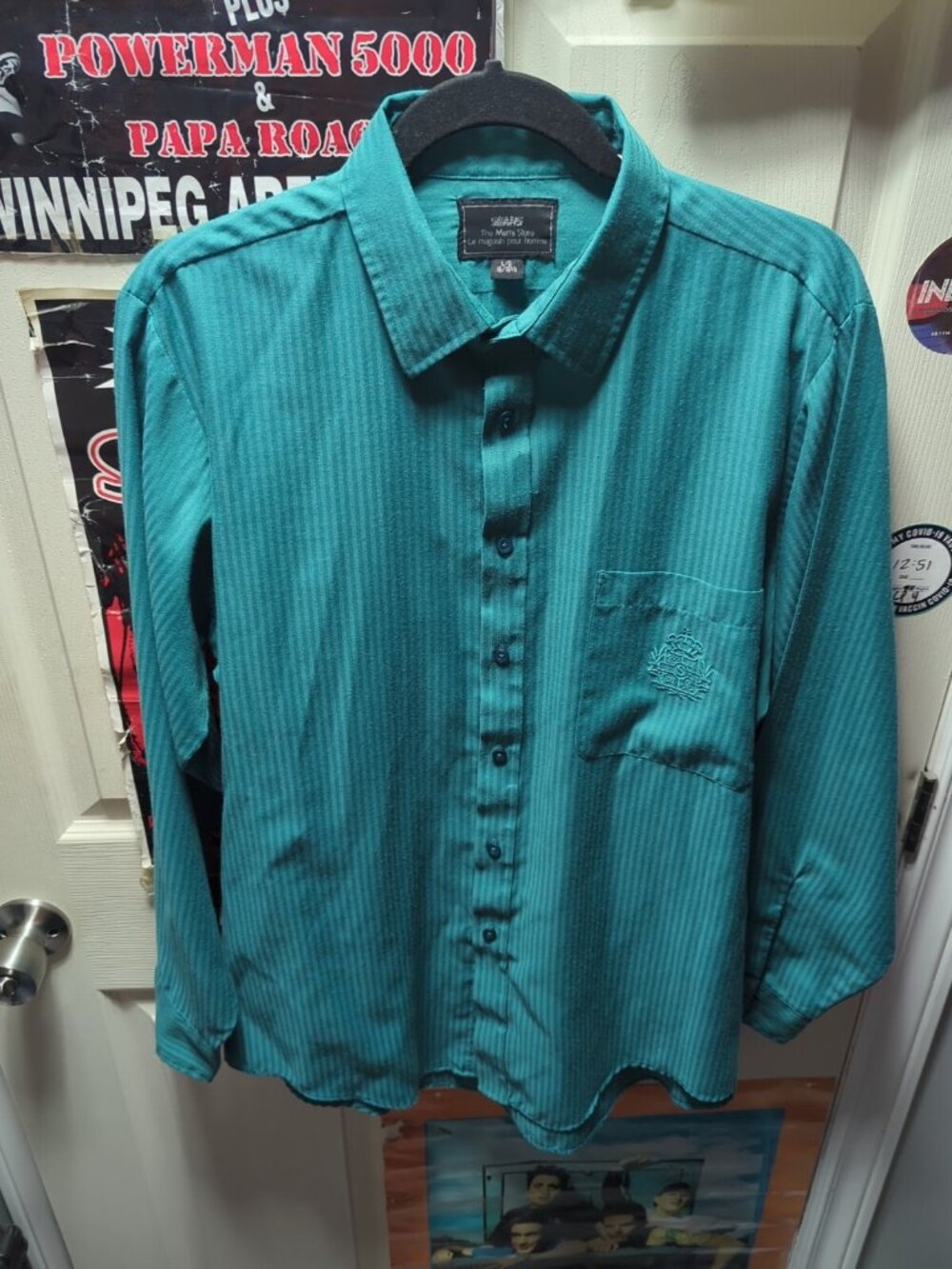 Vintage Sears Shirt Mens Large Aqua Perma Prest Button Up 60s 70s Kings Crown